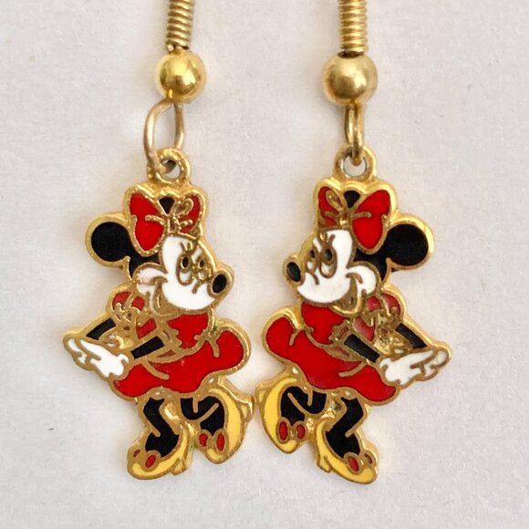 Vintage Disney Minnie Mouse Earrings Disneyana Gold Plated Enamel 1980' Taiwan - Picture 3 of 11